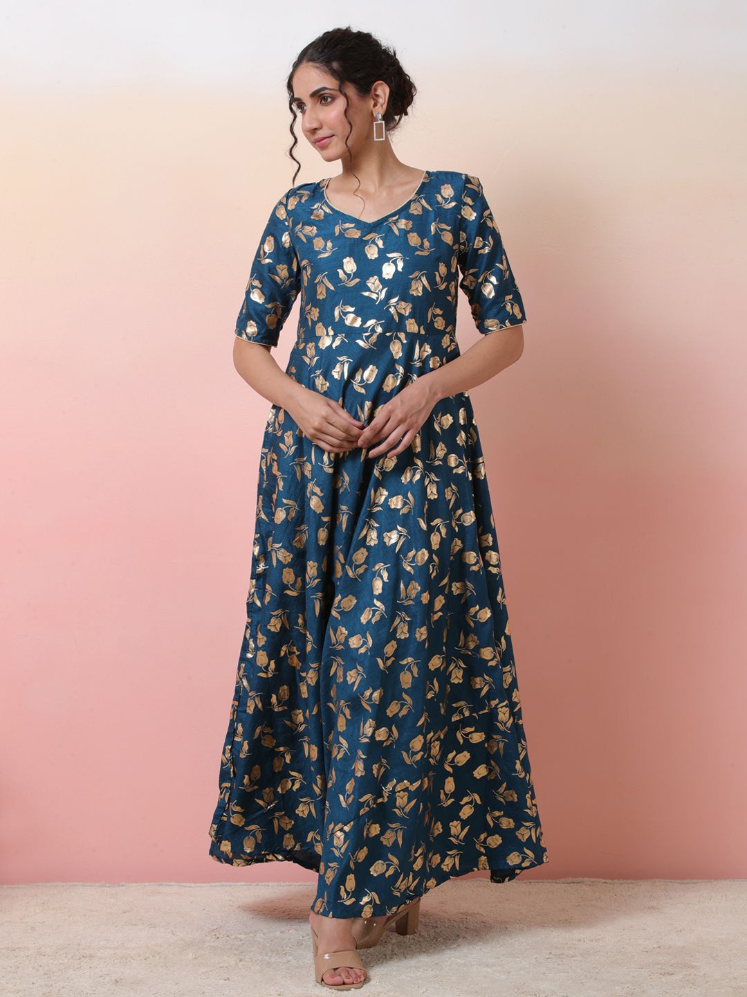 

Sangria Floral Printed Maxi Ethnic Dress, Blue