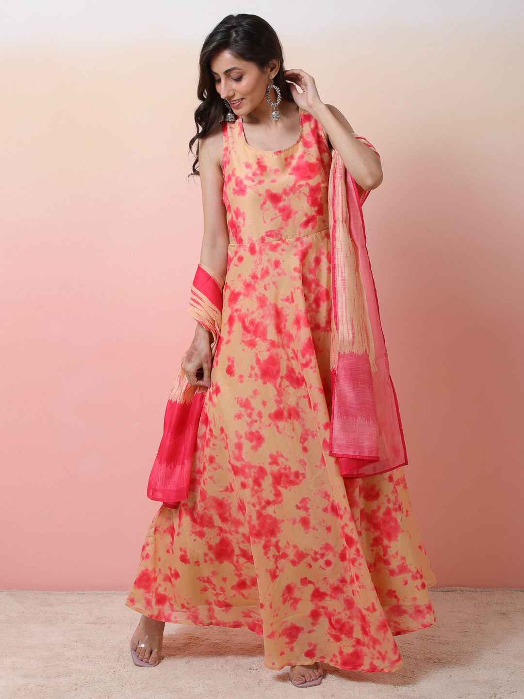 

Sangria Tie & Dye Printed Maxi Ethnic Dress With Dupatta, Beige