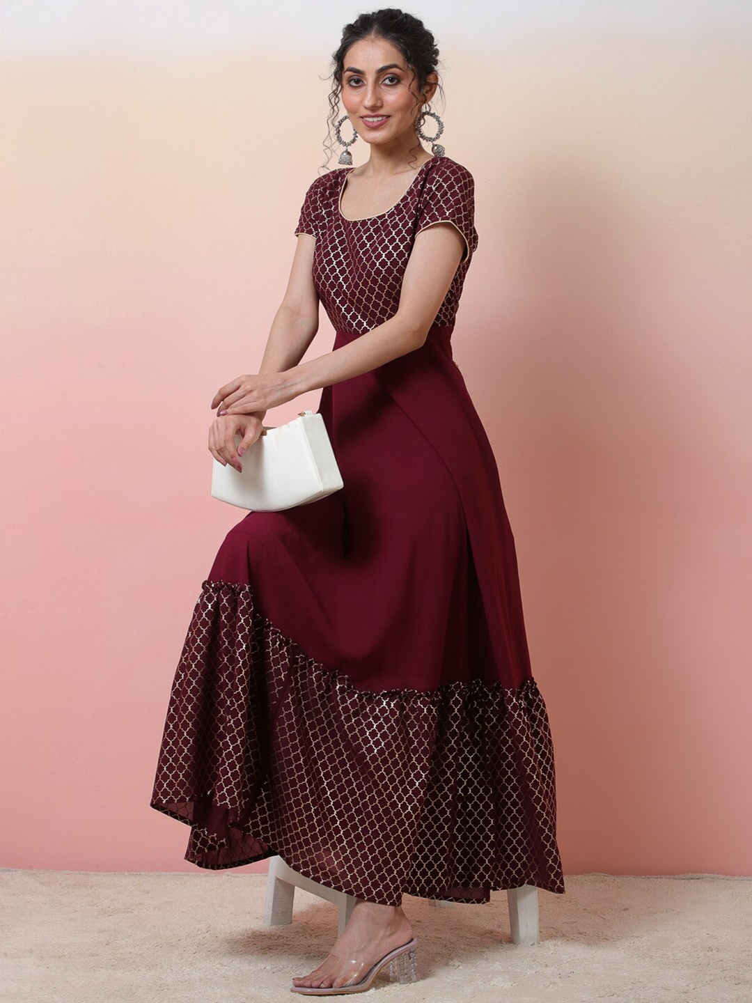 

Sangria Foil Printed Fit & Flare Ethnic Dress, Burgundy