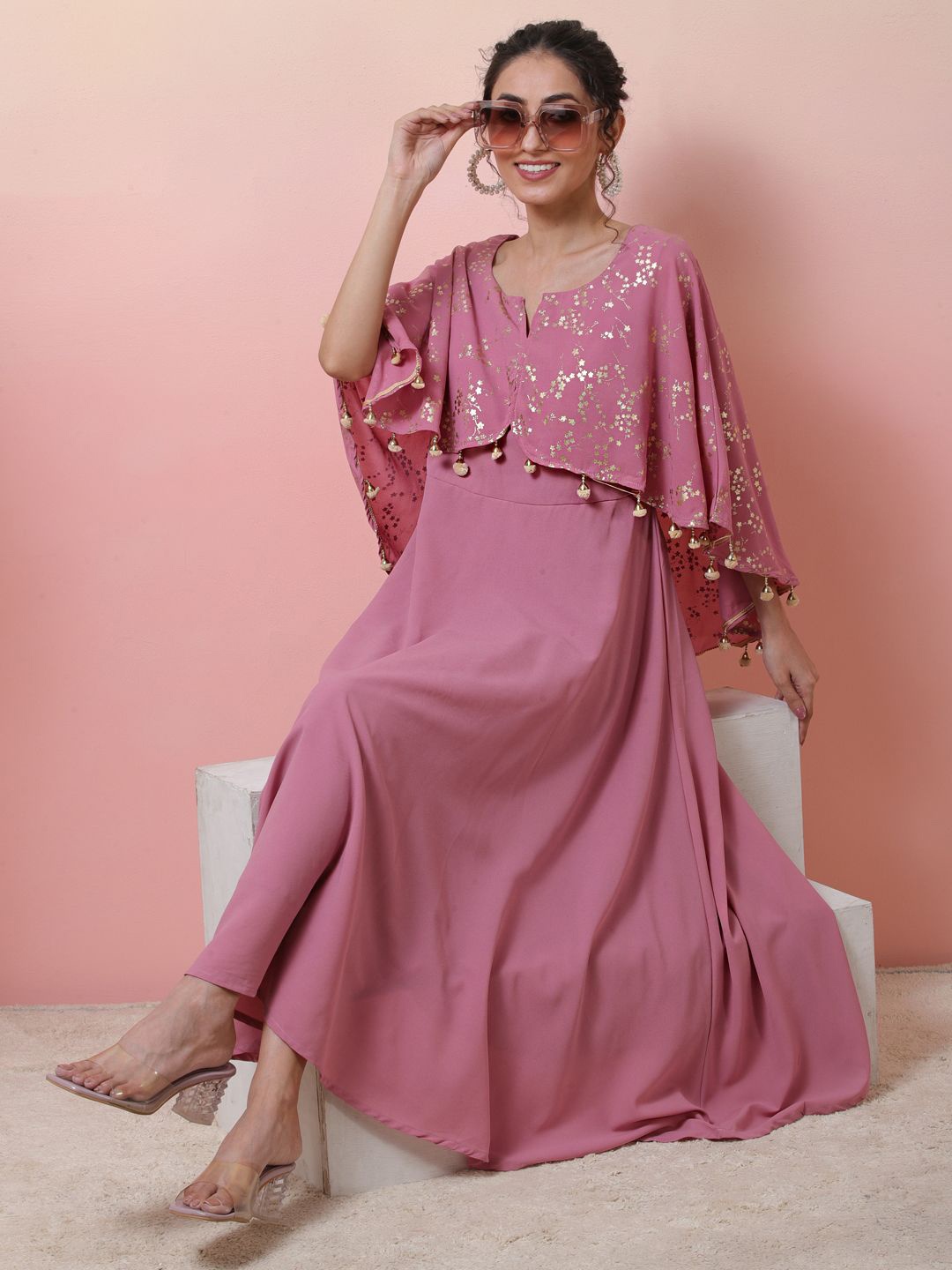

Sangria Foil Printed Maxi Ethnic Dress, Pink