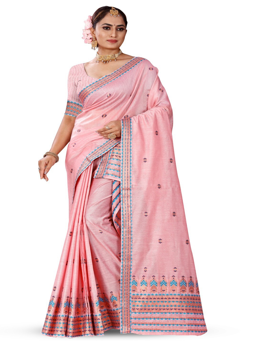 

Skiran's Assamese Mekhela Chador Woven Design Saree, Pink