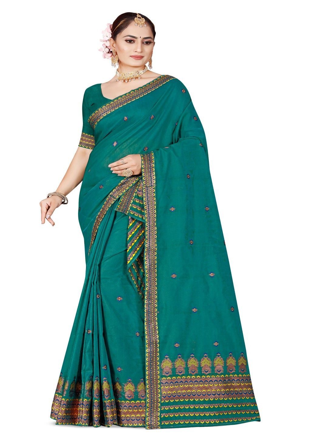 

Skiran's Assamese Mekhela Chador Woven Design Saree, Teal