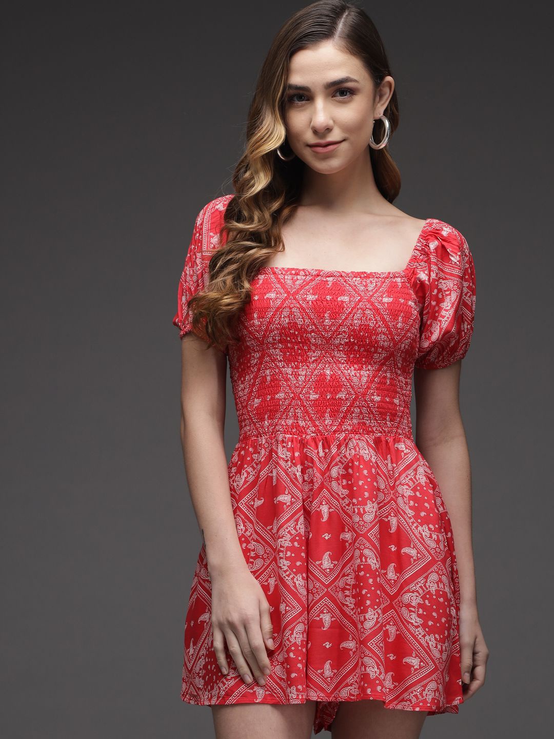 

TANDUL Women Ethnic Motifs Print Puff Sleeve Fit & Flare Dress, Multi