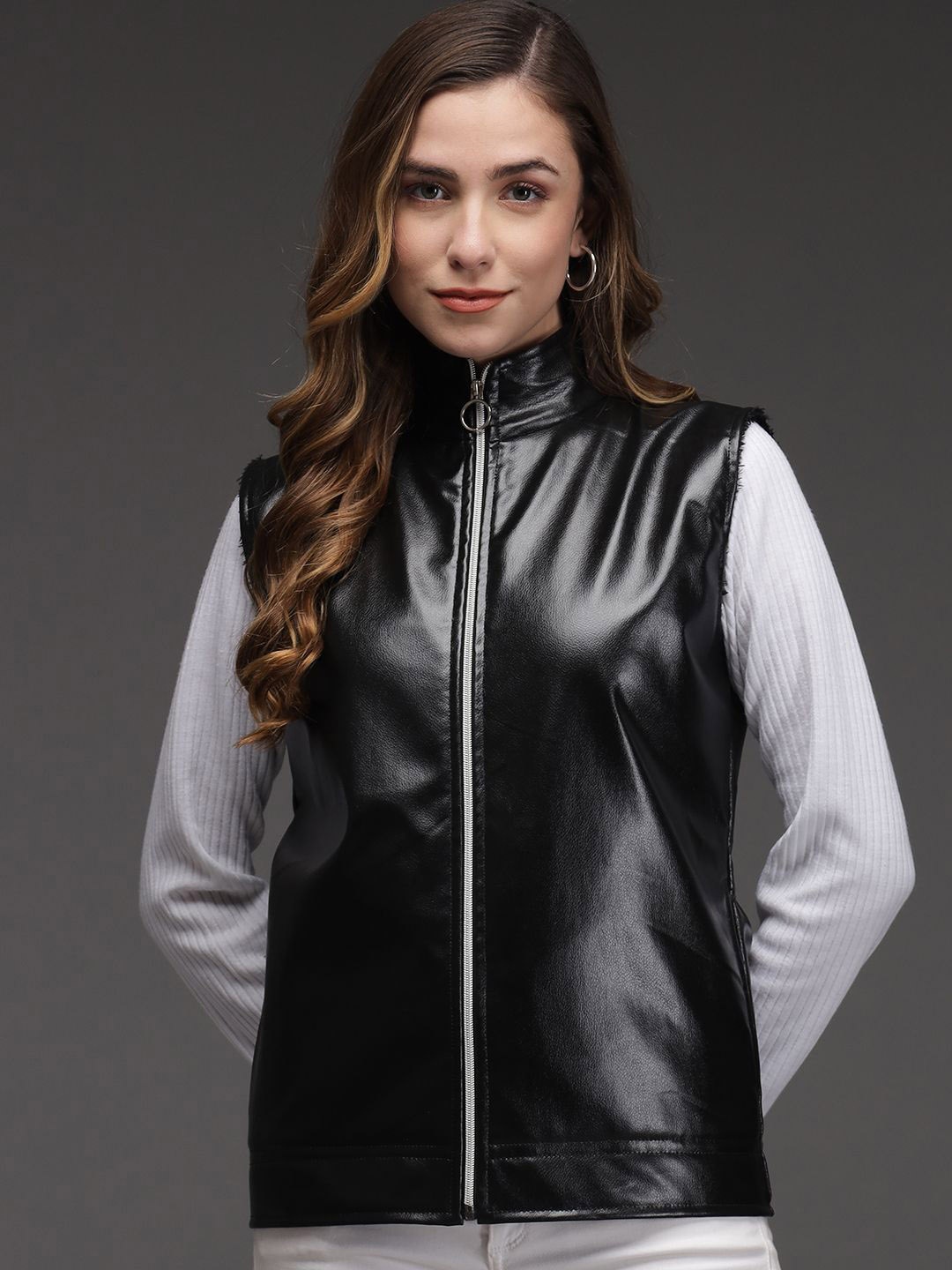 

TANDUL Women Solid Stand Collar Leather Biker Jacket, Black