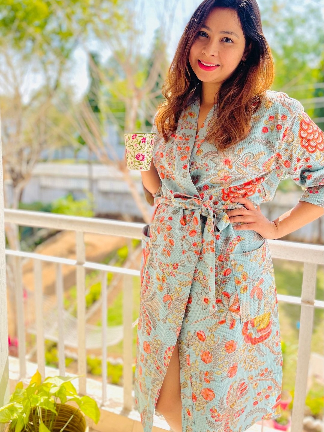 

HotGown Floral Printed Cotton Bath Robe, Blue