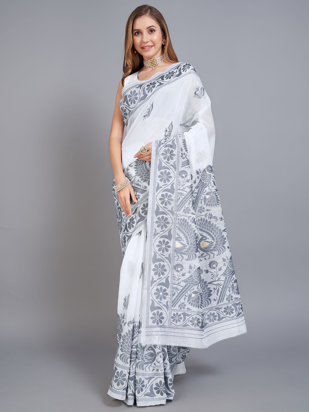 

Mitera Woven Design Pure Cotton Jamdani Saree, Grey