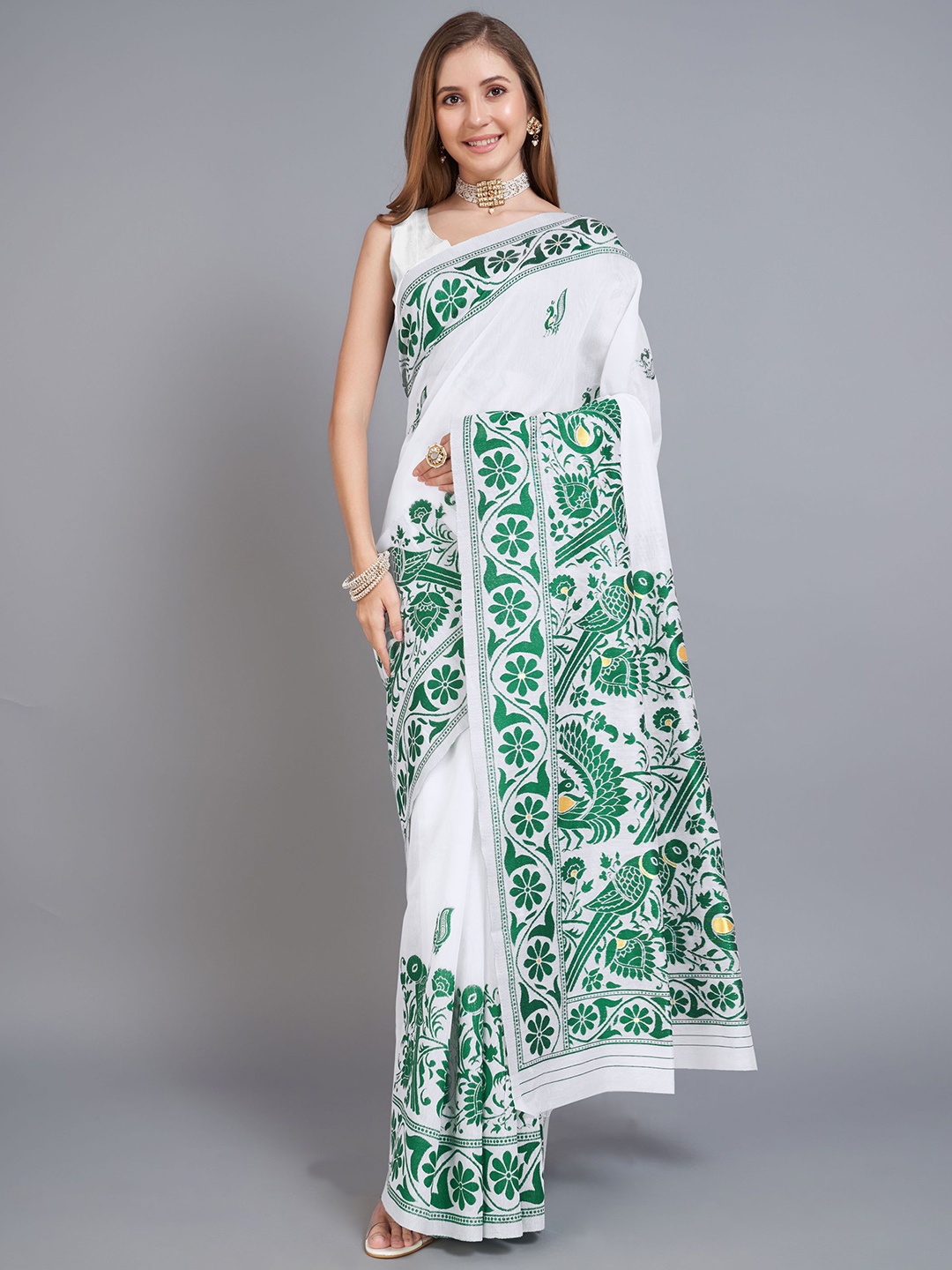 

Mitera Ethnic Motifs Pure Cotton Jamdani Saree, Green