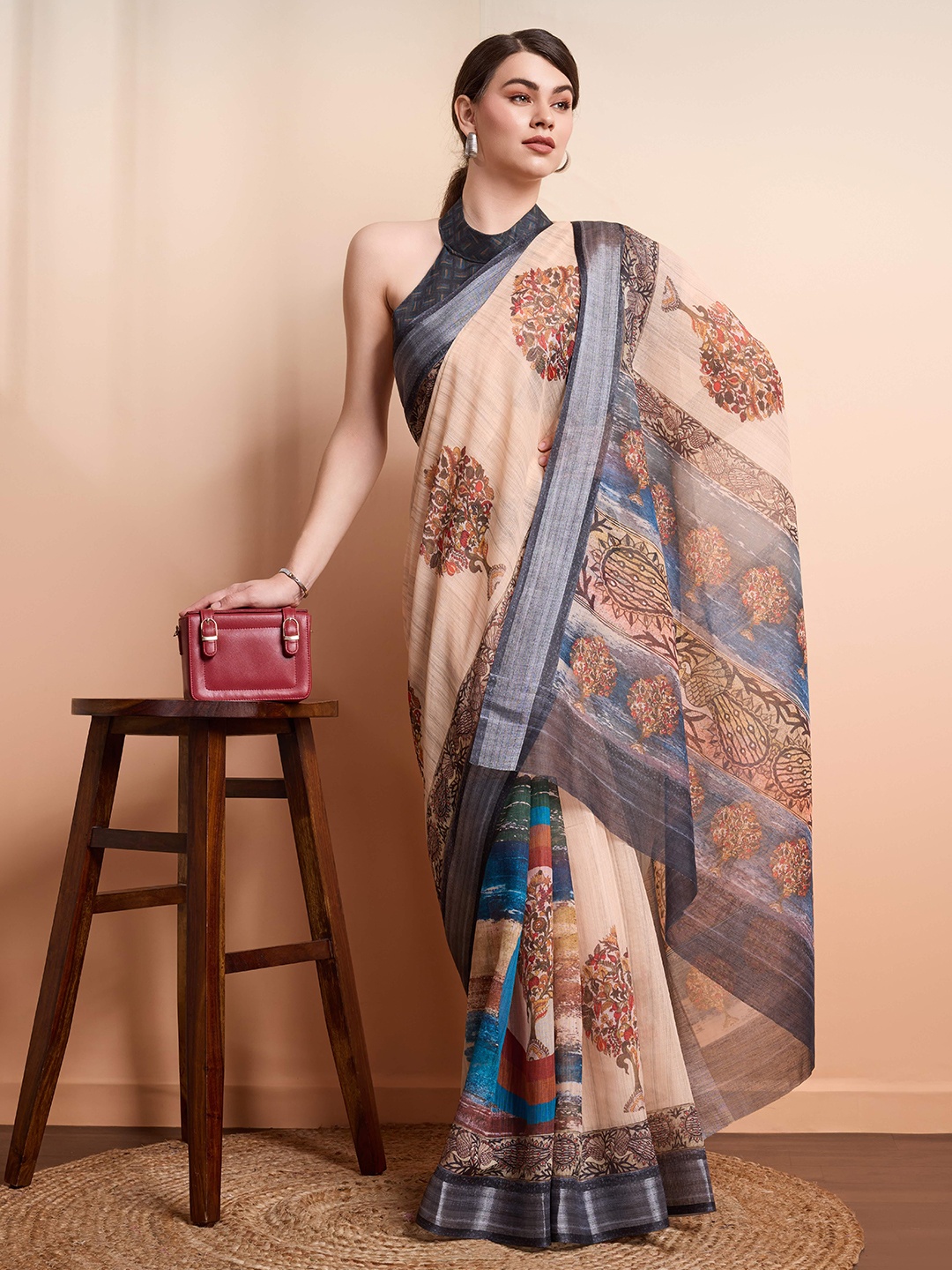 

RACHNA Ajrak Block Zari Saree, Cream