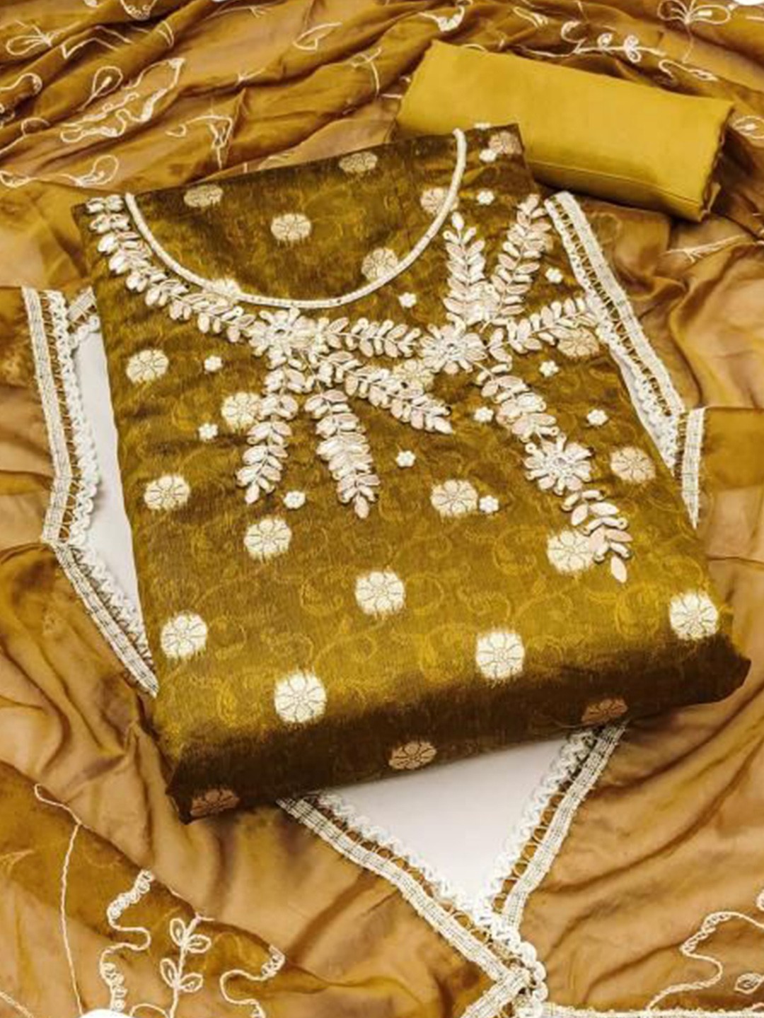 

Dori Embroidered Pure Cotton Unstitched Dress Material, Olive