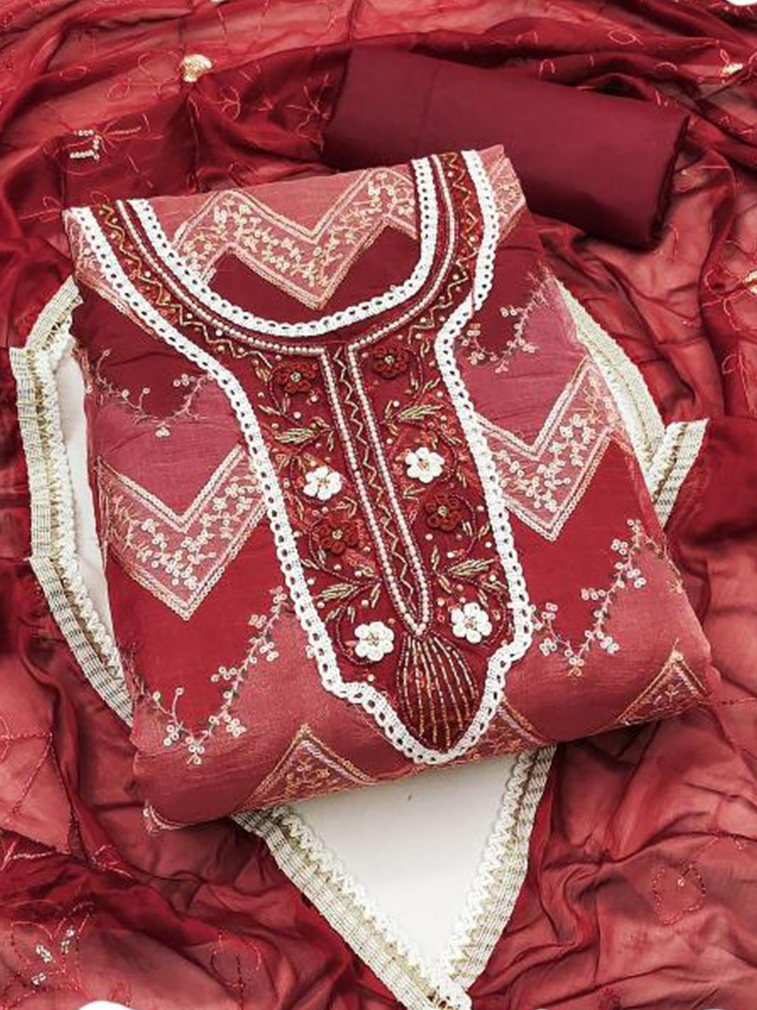 

Dori Embroidered Organza Unstitched Dress Material, Maroon