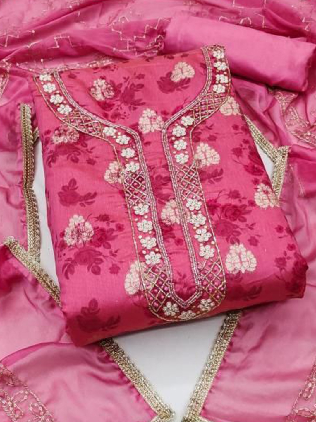 

Dori Embroidered Organza Unstitched Dress Material, Pink