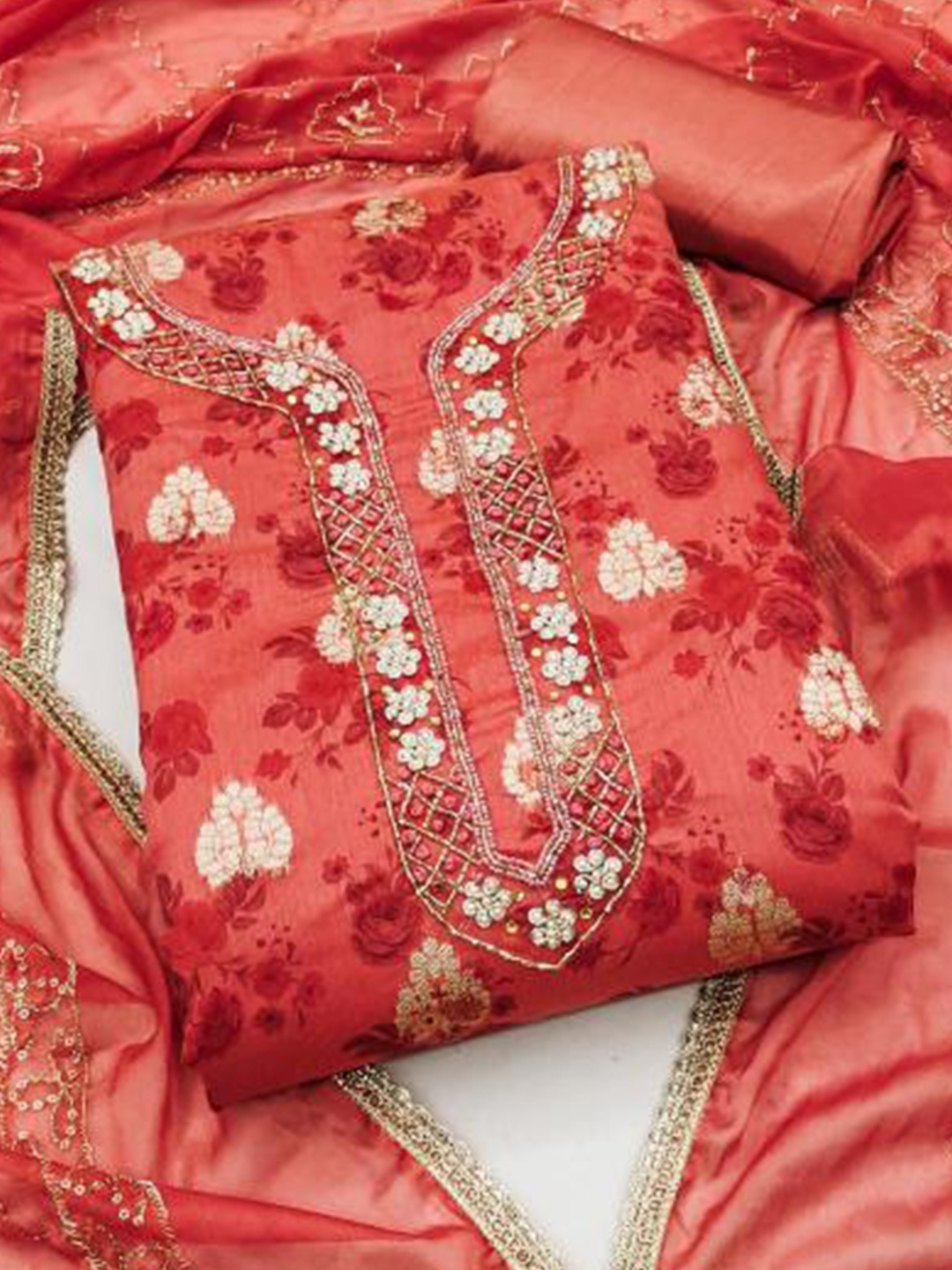 

Dori Embroidered Organza Unstitched Dress Material, Red