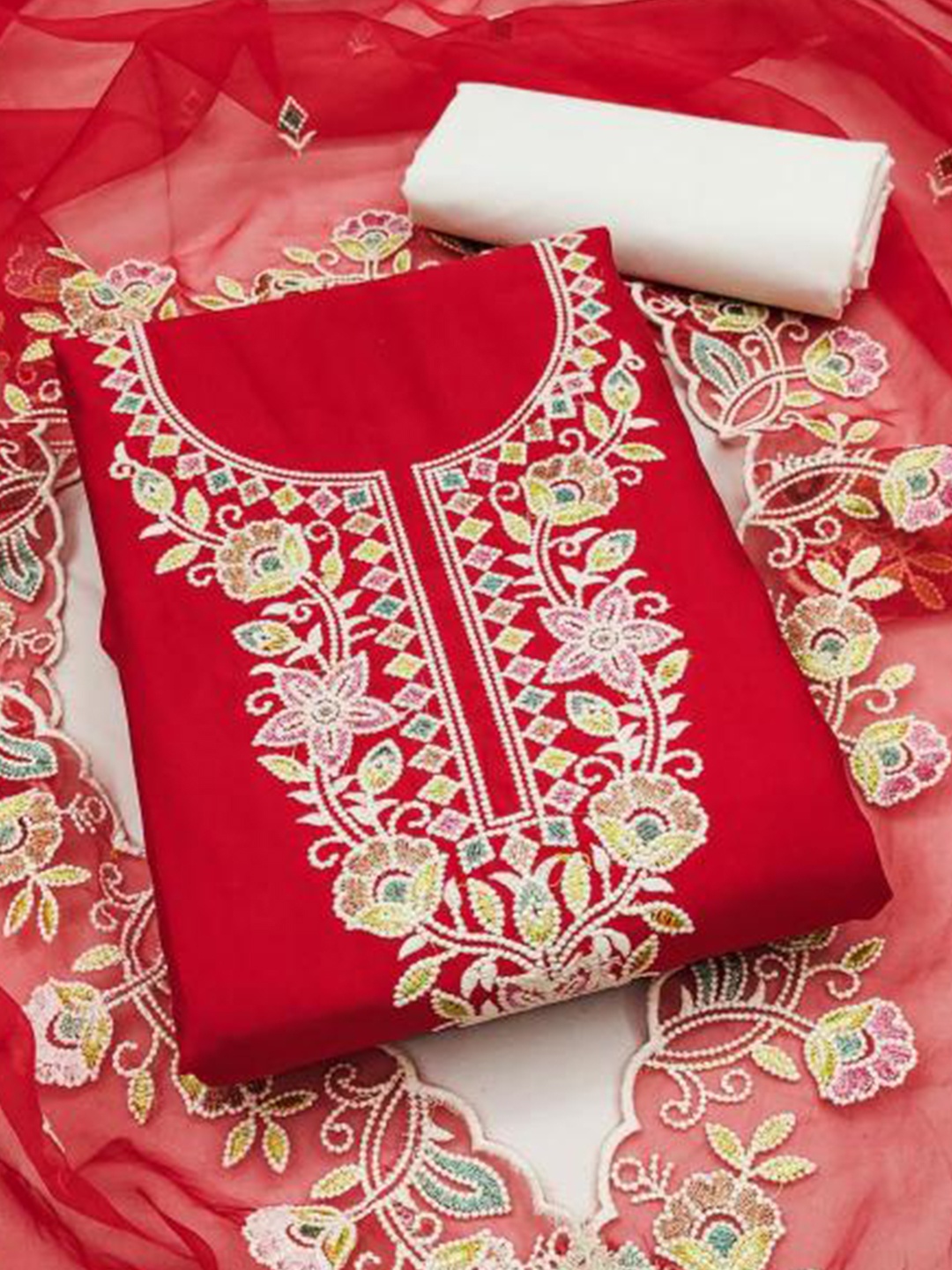 

Dori Embroidered Pure Cotton Unstitched Dress Material, Red