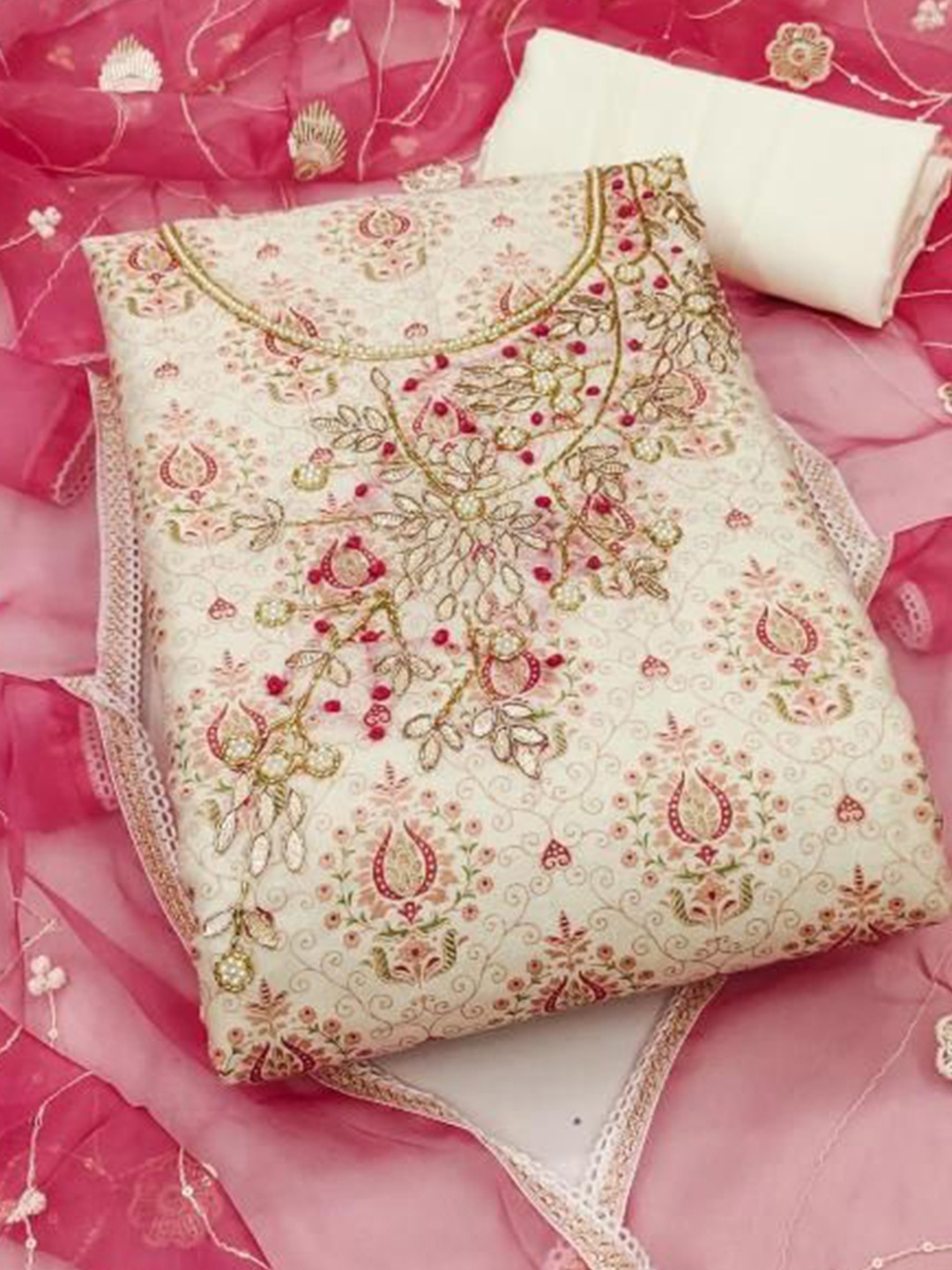 

Dori Embroidered Organza Unstitched Dress Material, Pink