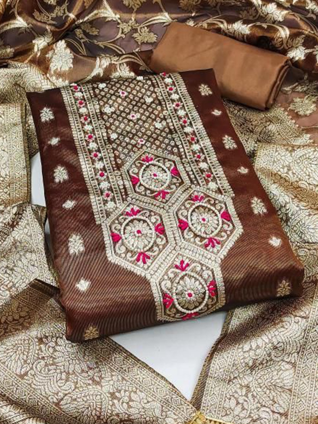 

Dori Embroidered Pure Cotton Unstitched Dress Material, Brown