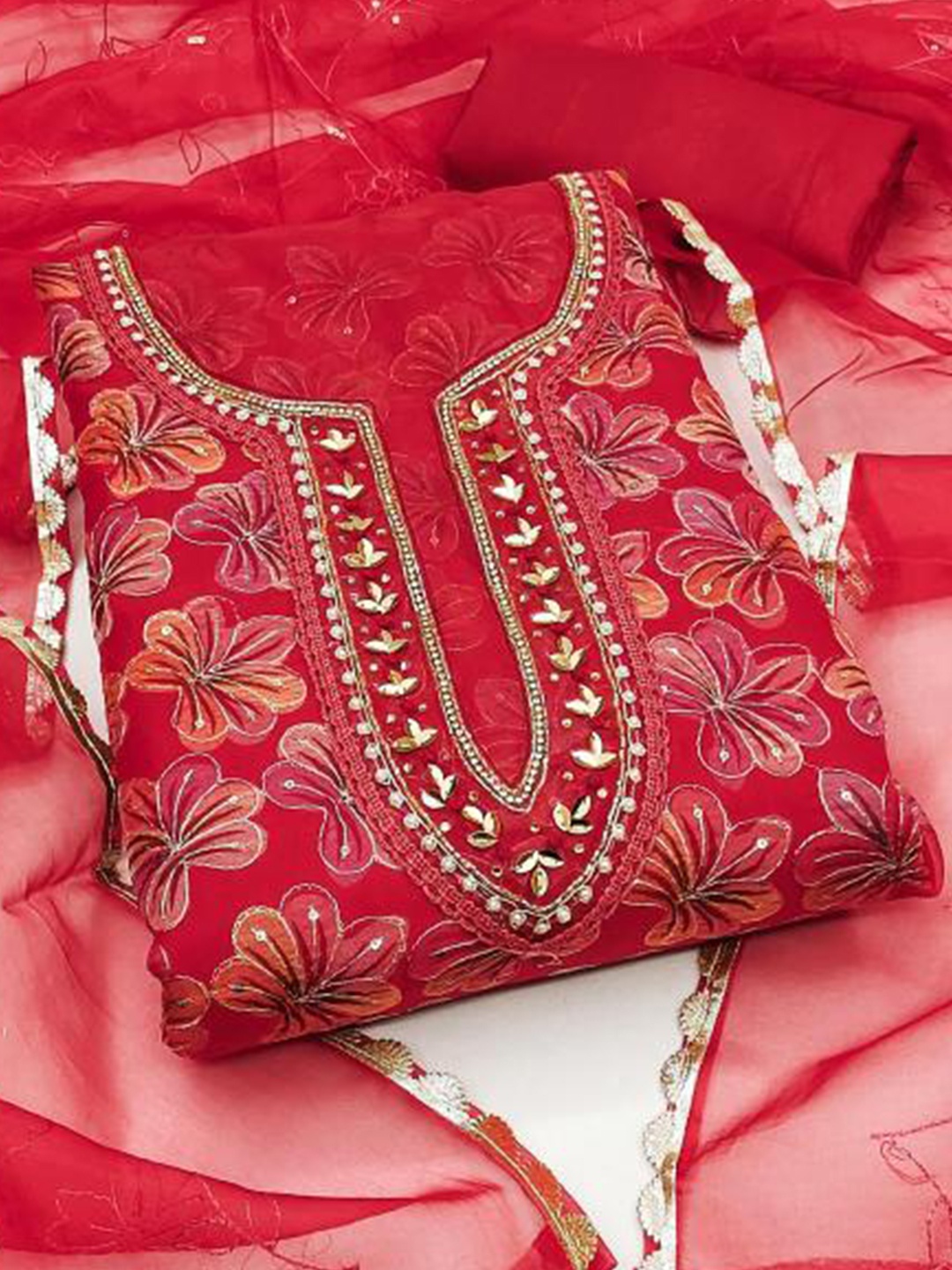 

Dori Embroidered Organza Unstitched Dress Material, Red