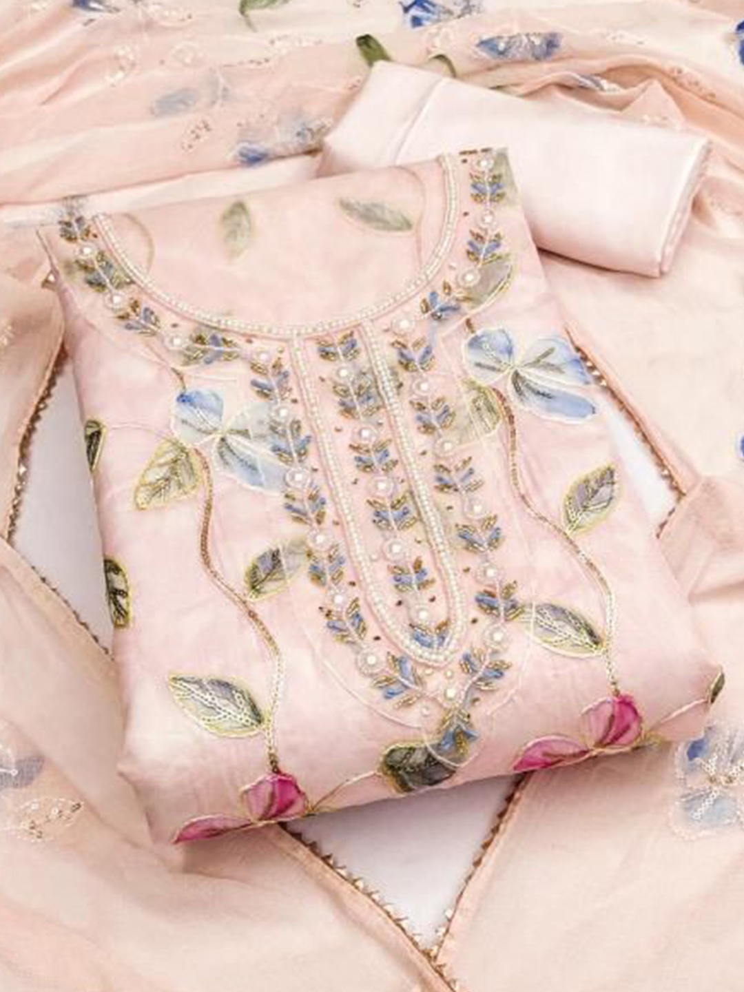 

Dori Embroidered Organza Unstitched Dress Material, Pink