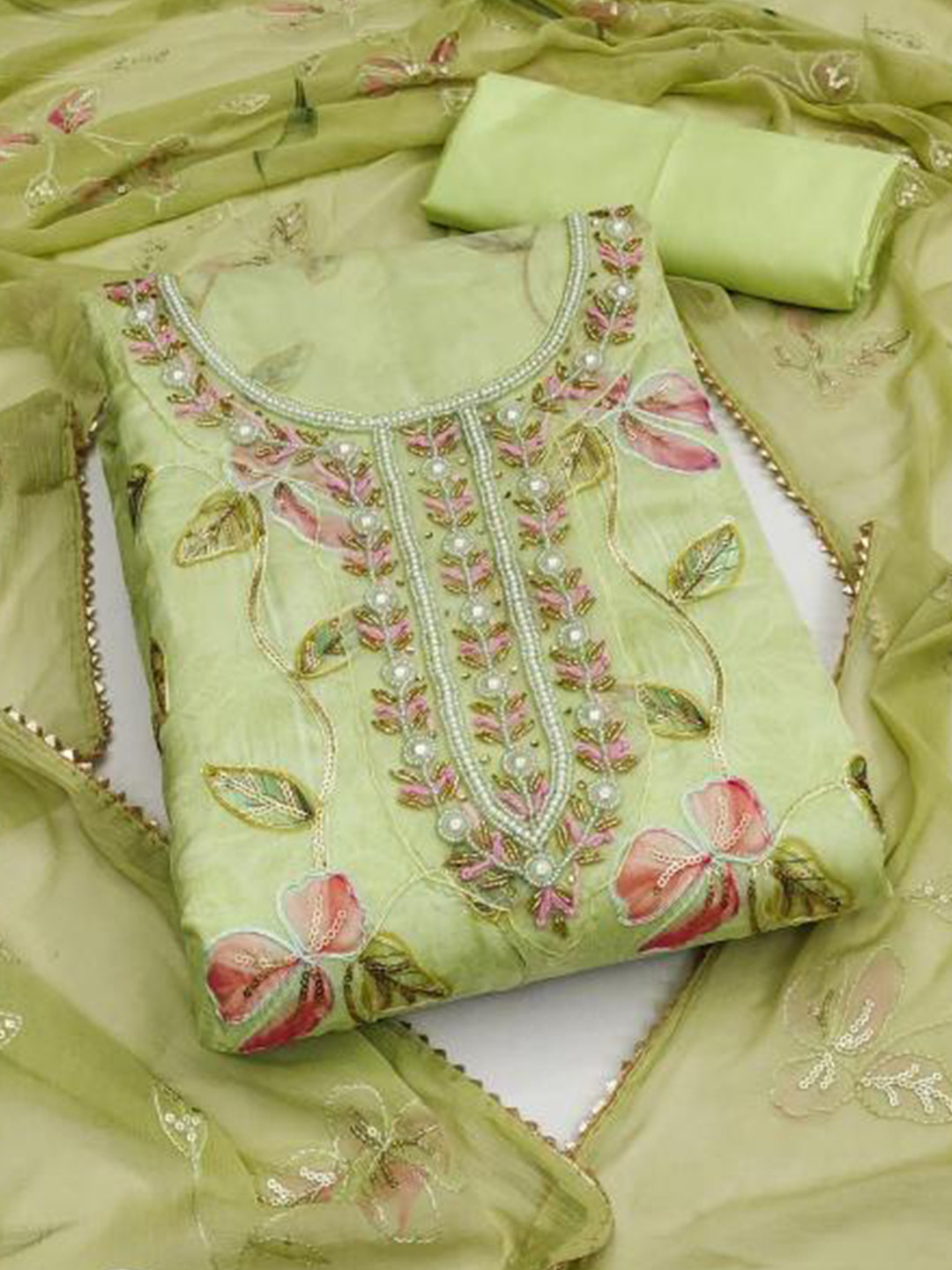 

Dori Embroidered Organza Unstitched Dress Material, Green