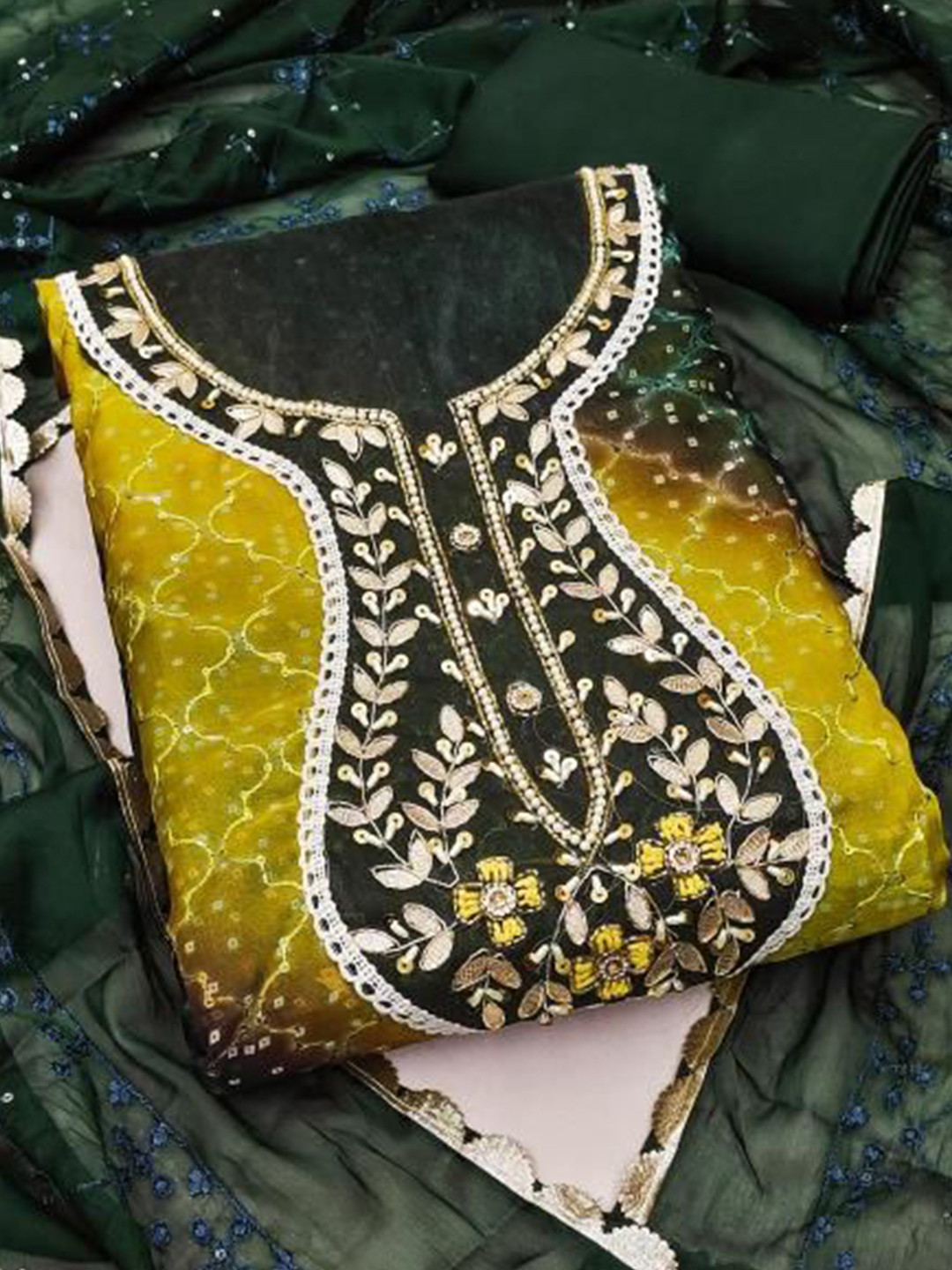 

Dori Embroidered Organza Unstitched Dress Material, Green