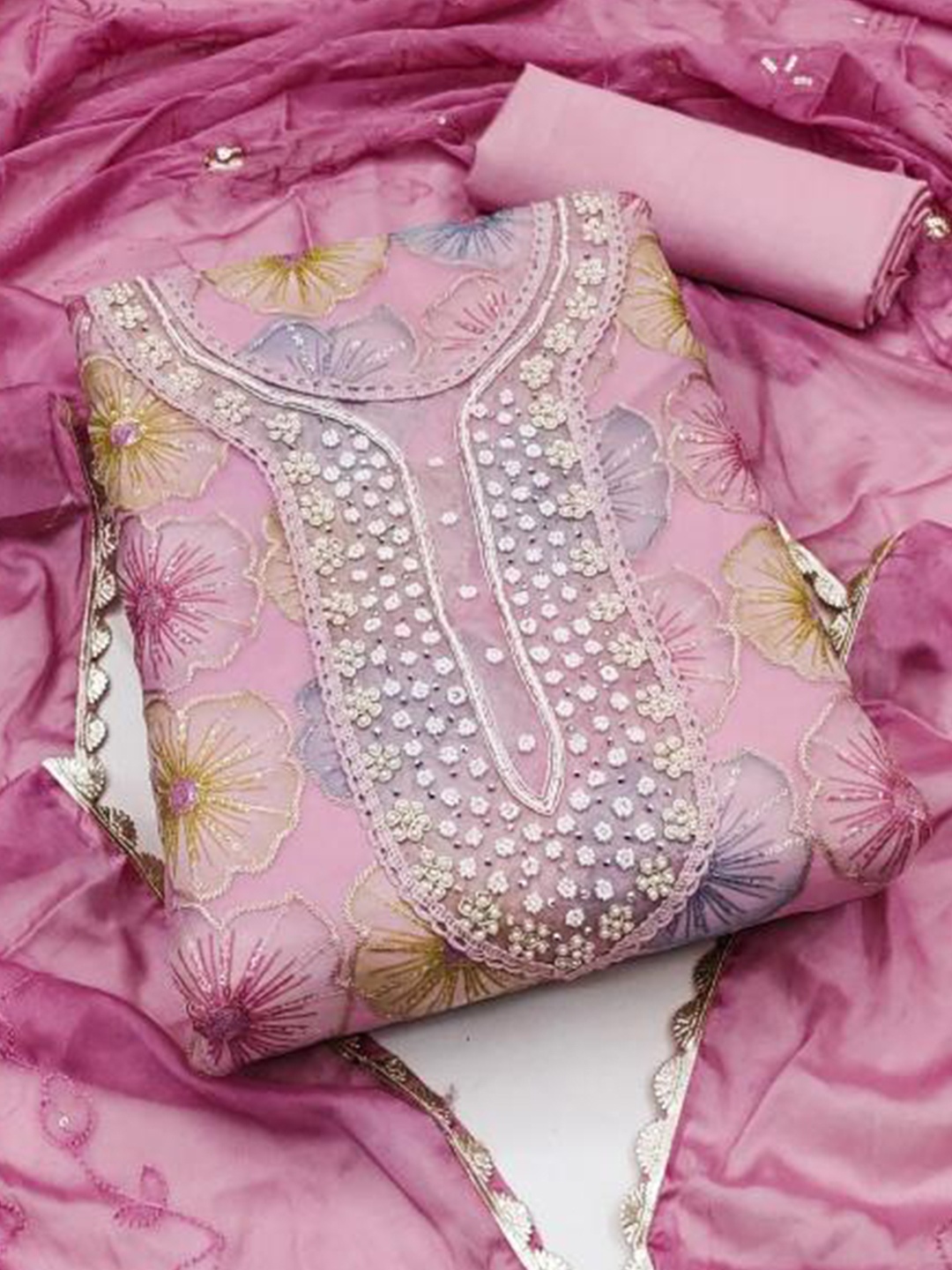 

Dori Embroidered Organza Unstitched Dress Material, Pink
