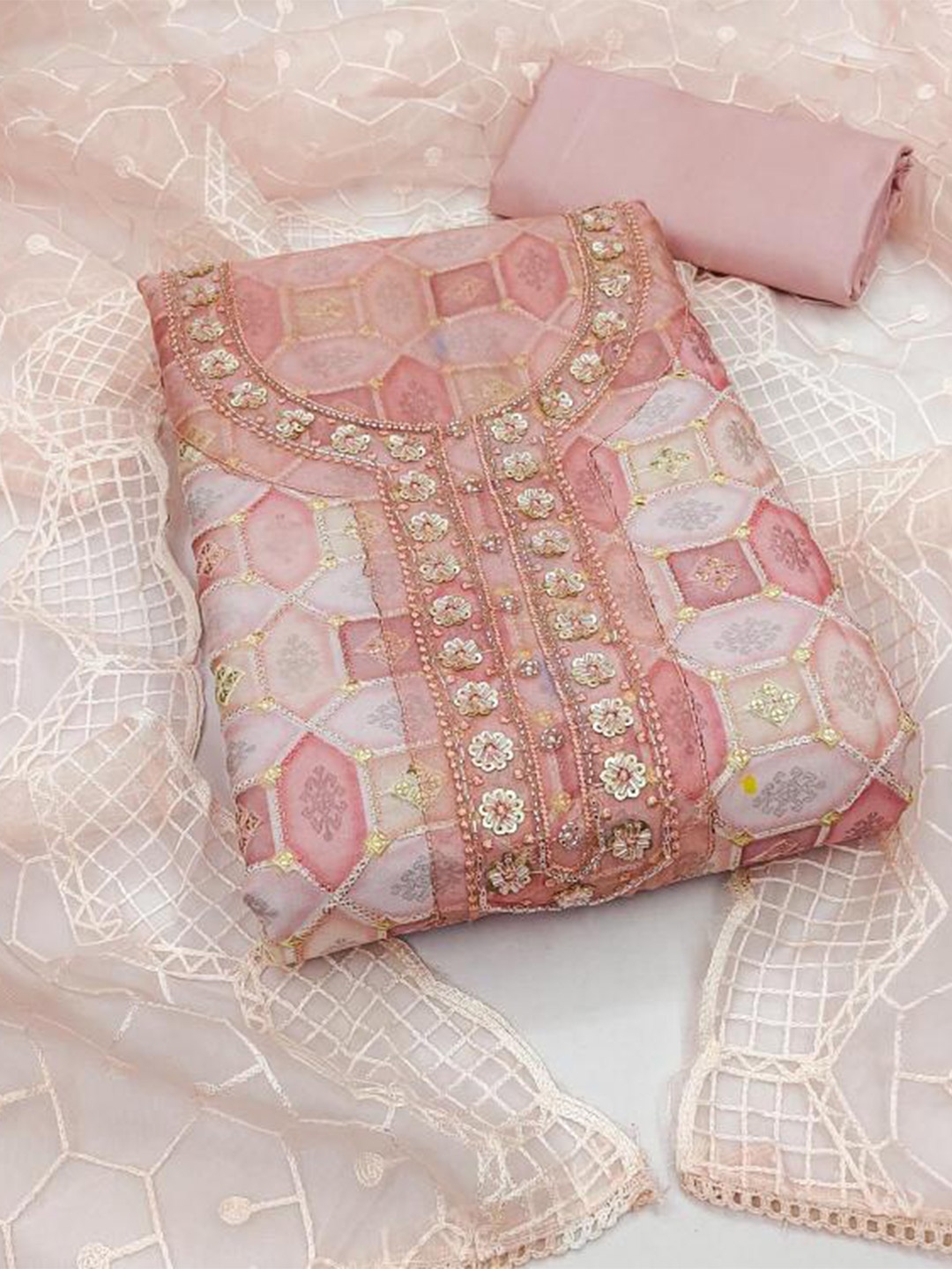 

Dori Embroidered Organza Unstitched Dress Material, Pink
