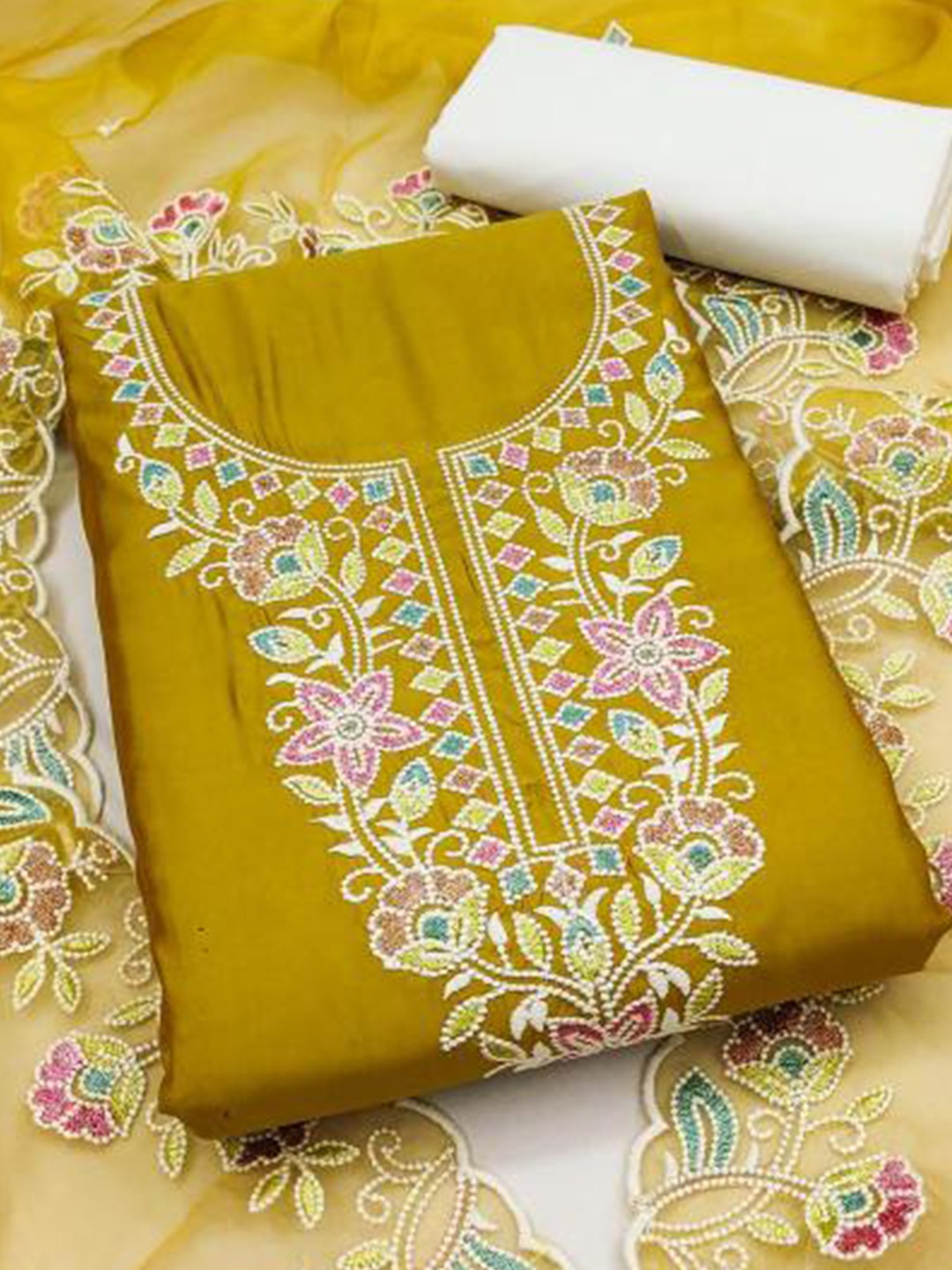 

Dori Embroidered Pure Cotton Unstitched Dress Material, Yellow