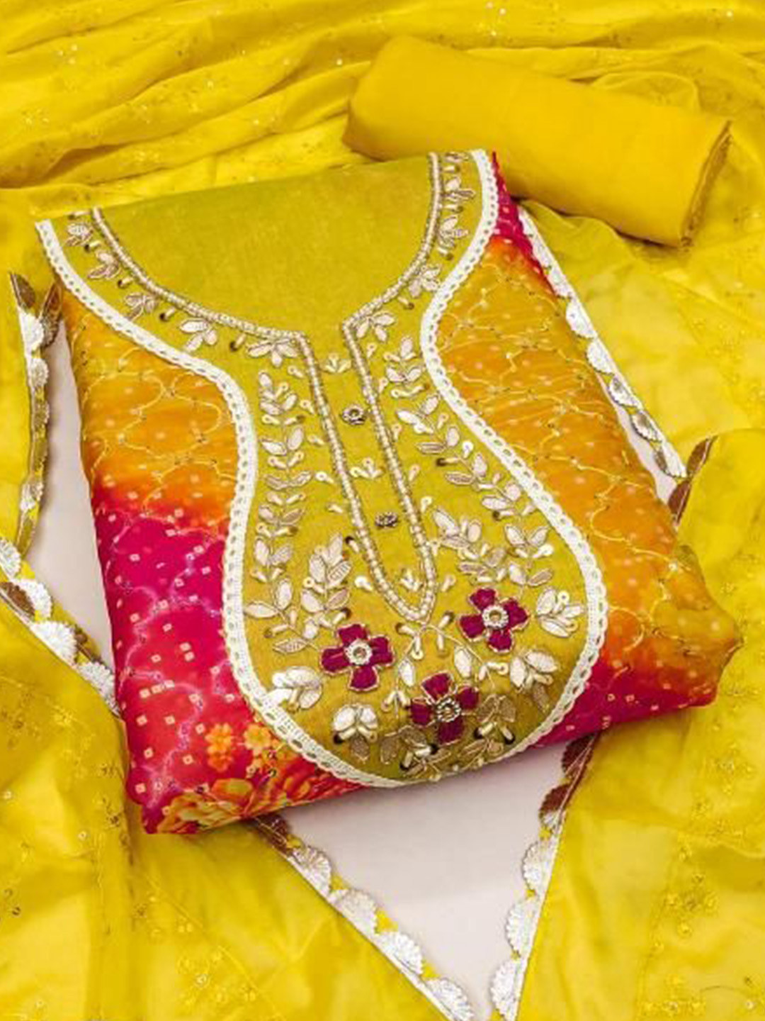

Dori Embroidered Organza Unstitched Dress Material, Yellow