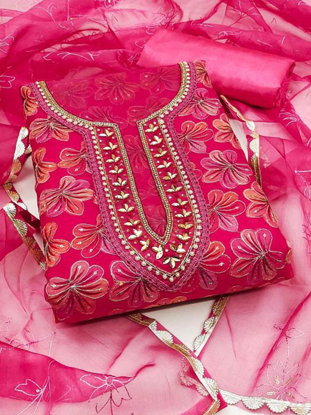 

Dori Embroidered Organza Unstitched Dress Material, Pink