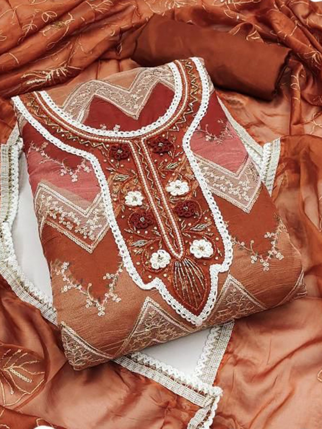 

Dori Embroidered Organza Unstitched Dress Material, Orange