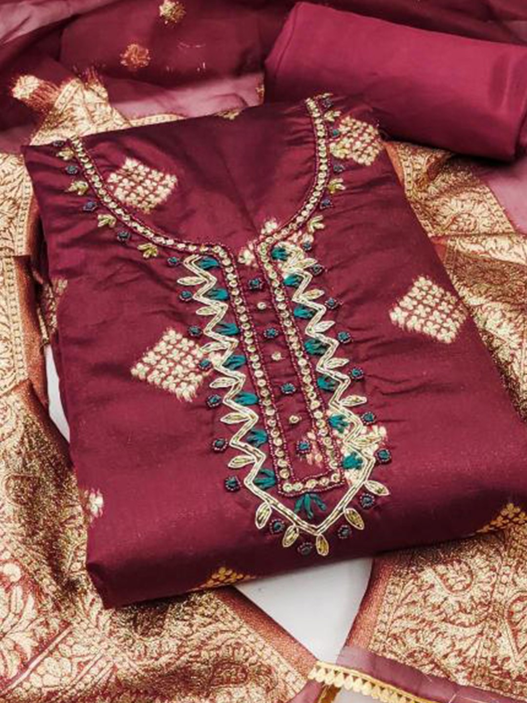 

Dori Embroidered Pure Cotton Unstitched Dress Material, Maroon