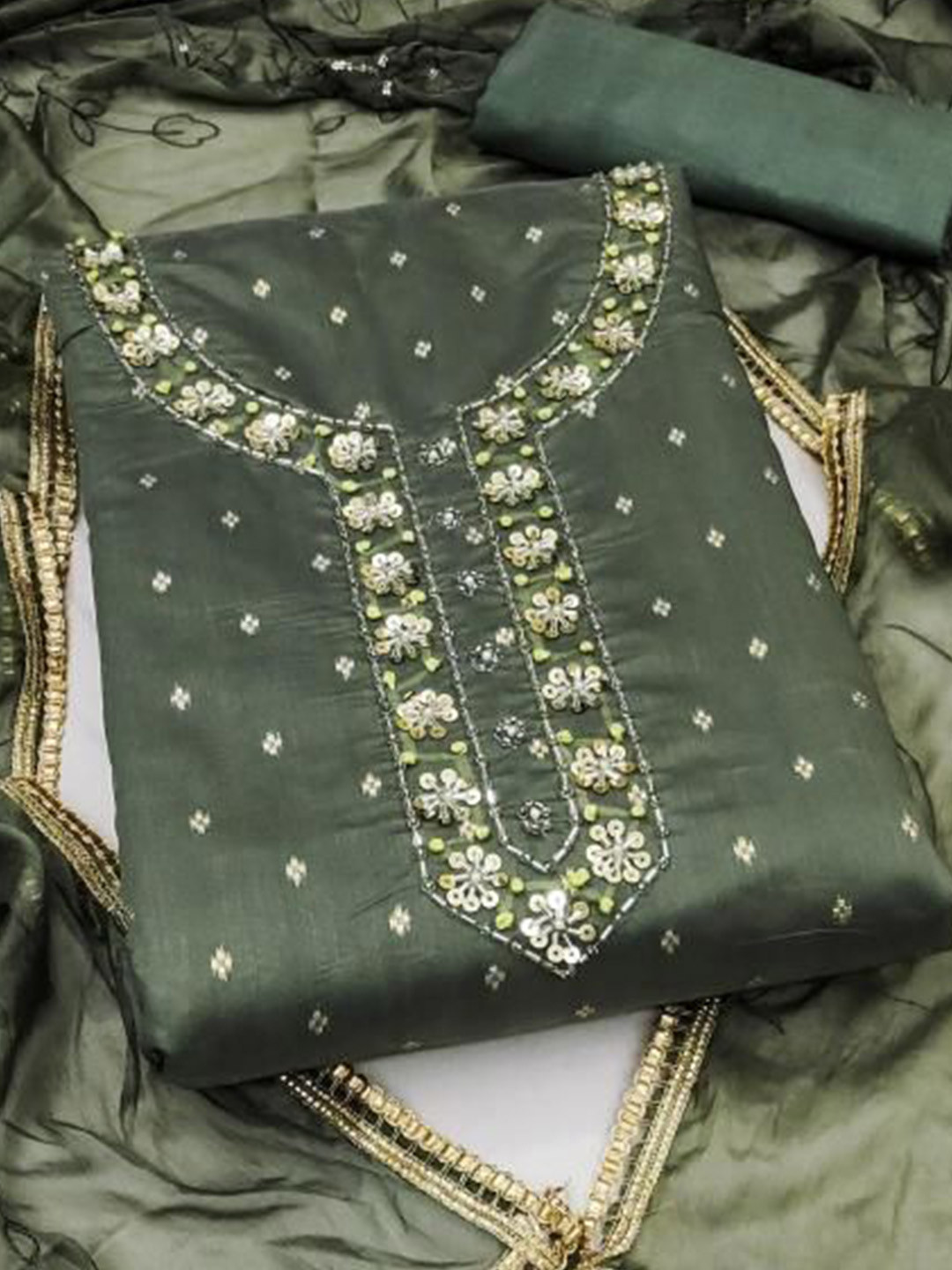 

Dori Embroidered Unstitched Dress Material, Olive