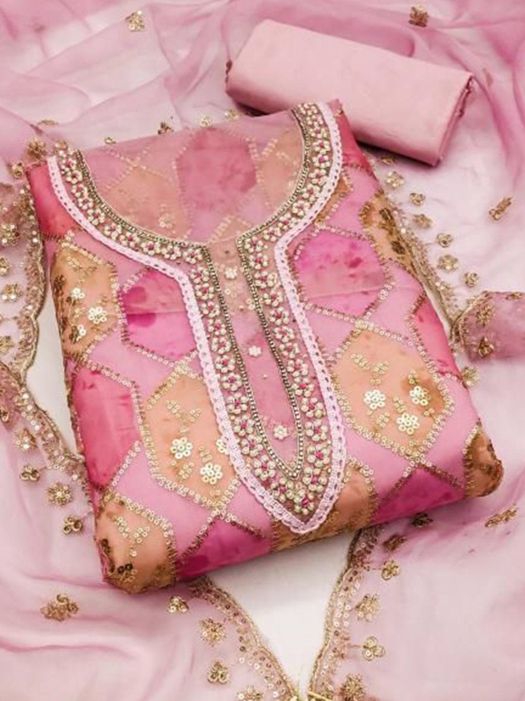 

Dori Embroidered Organza Unstitched Dress Material, Pink