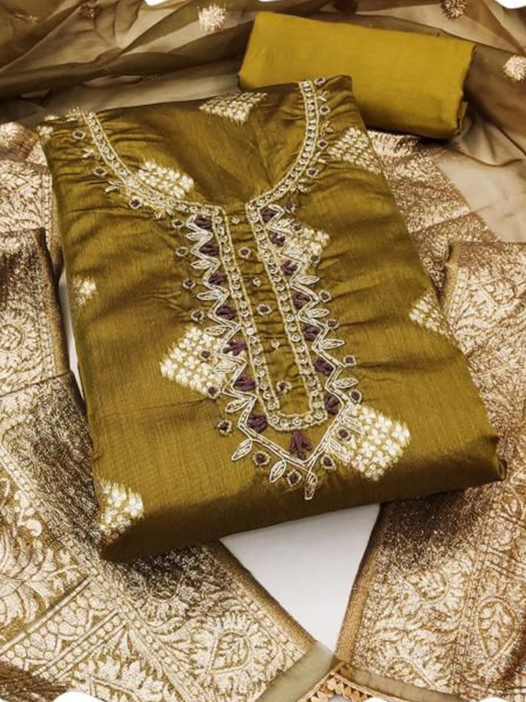 

Dori Embroidered Pure Cotton Unstitched Dress Material, Olive