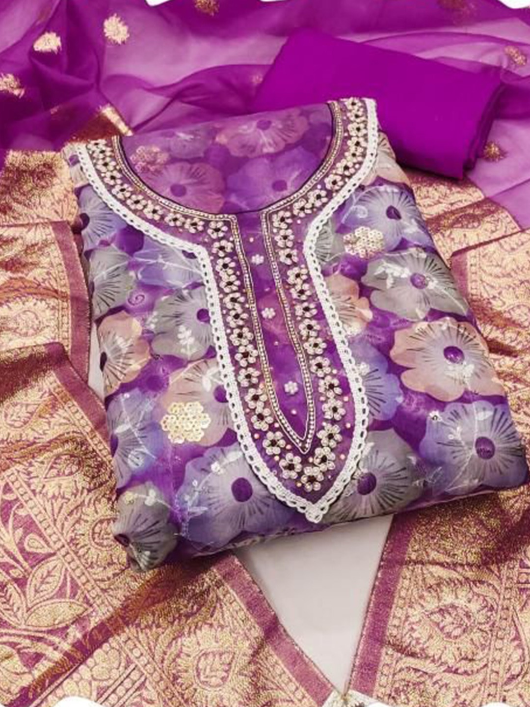 

Dori Embroidered Organza Unstitched Dress Material, Purple