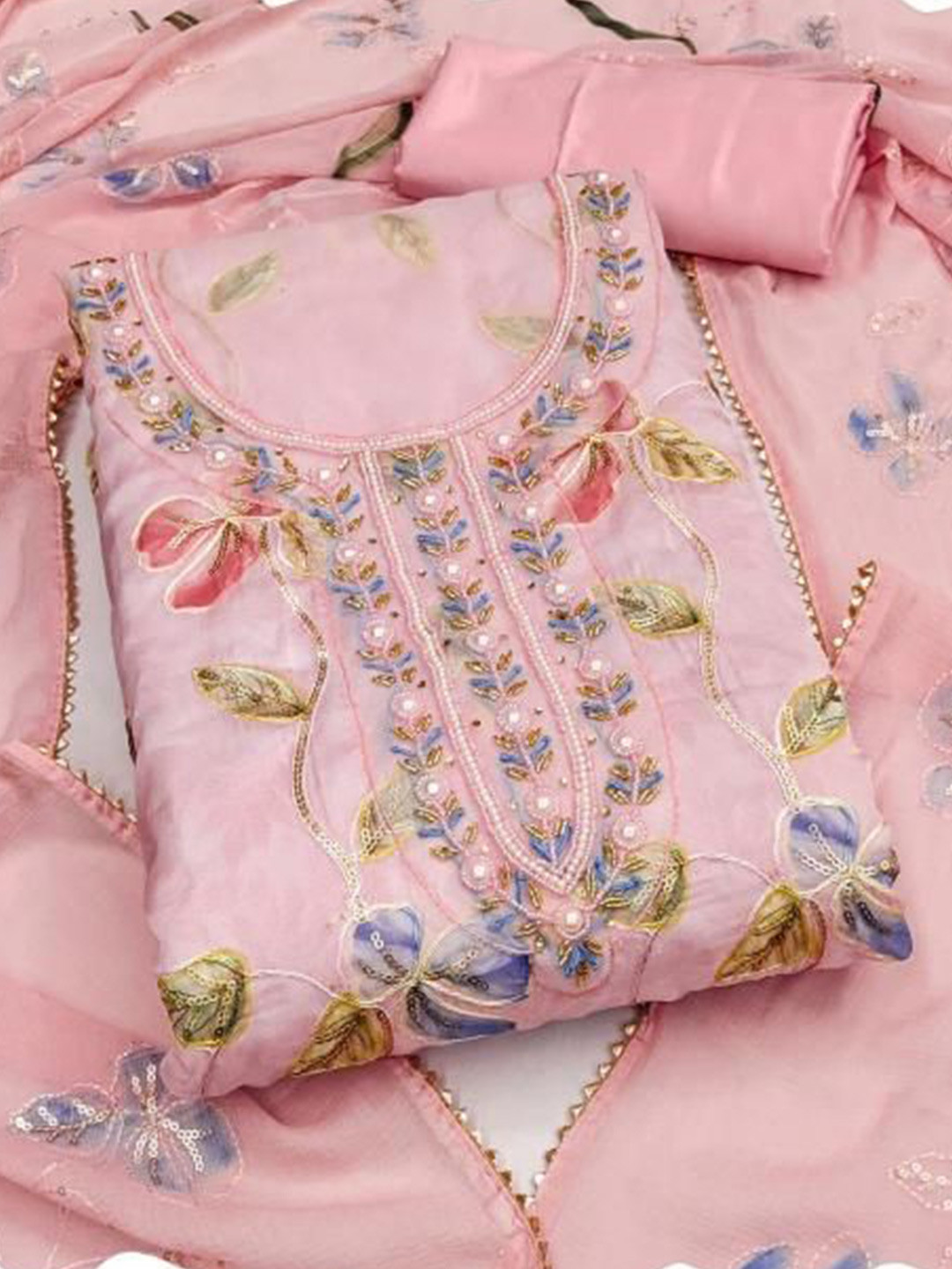 

Dori Embroidered Organza Unstitched Dress Material, Pink