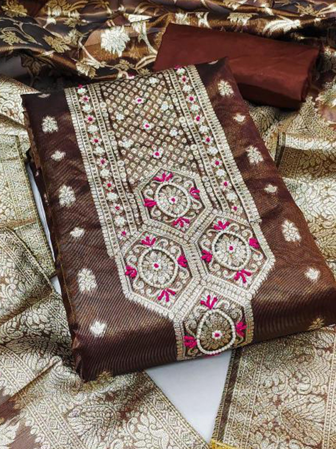 

Dori Embroidered Pure Cotton Unstitched Dress Material, Brown