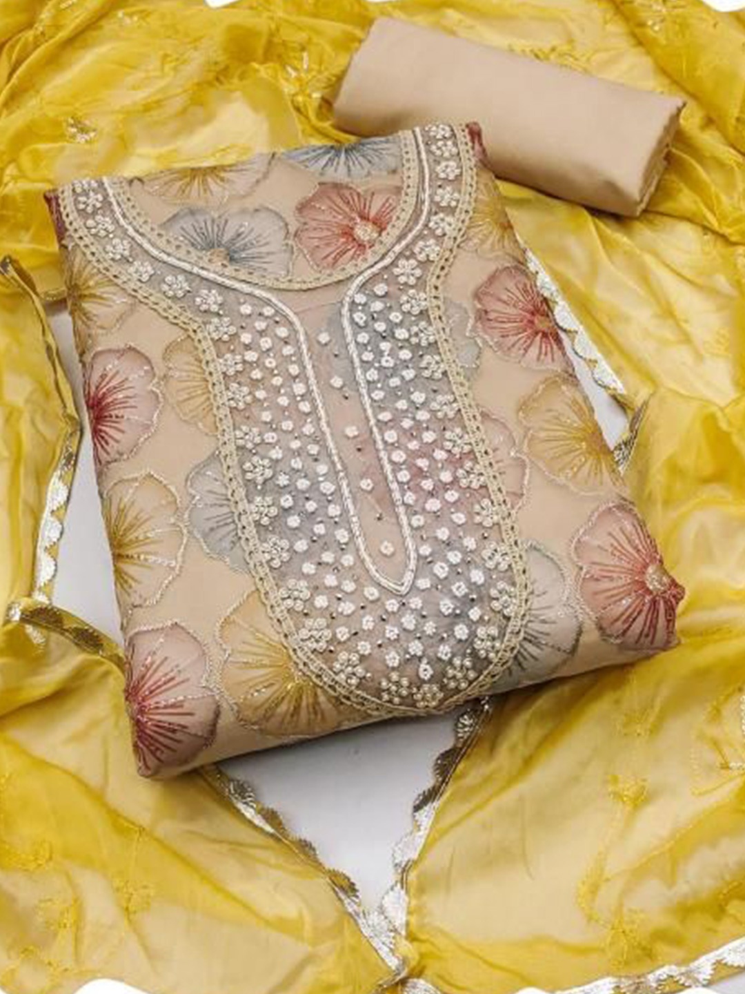 

Dori Embroidered Organza Unstitched Dress Material, Yellow