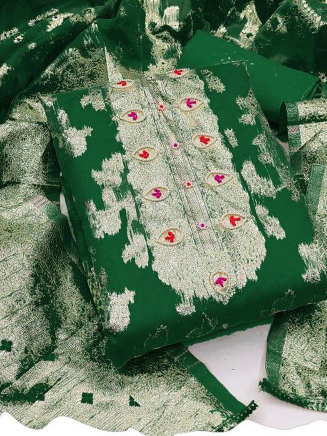 

Dori Embroidered Organza Unstitched Dress Material, Green