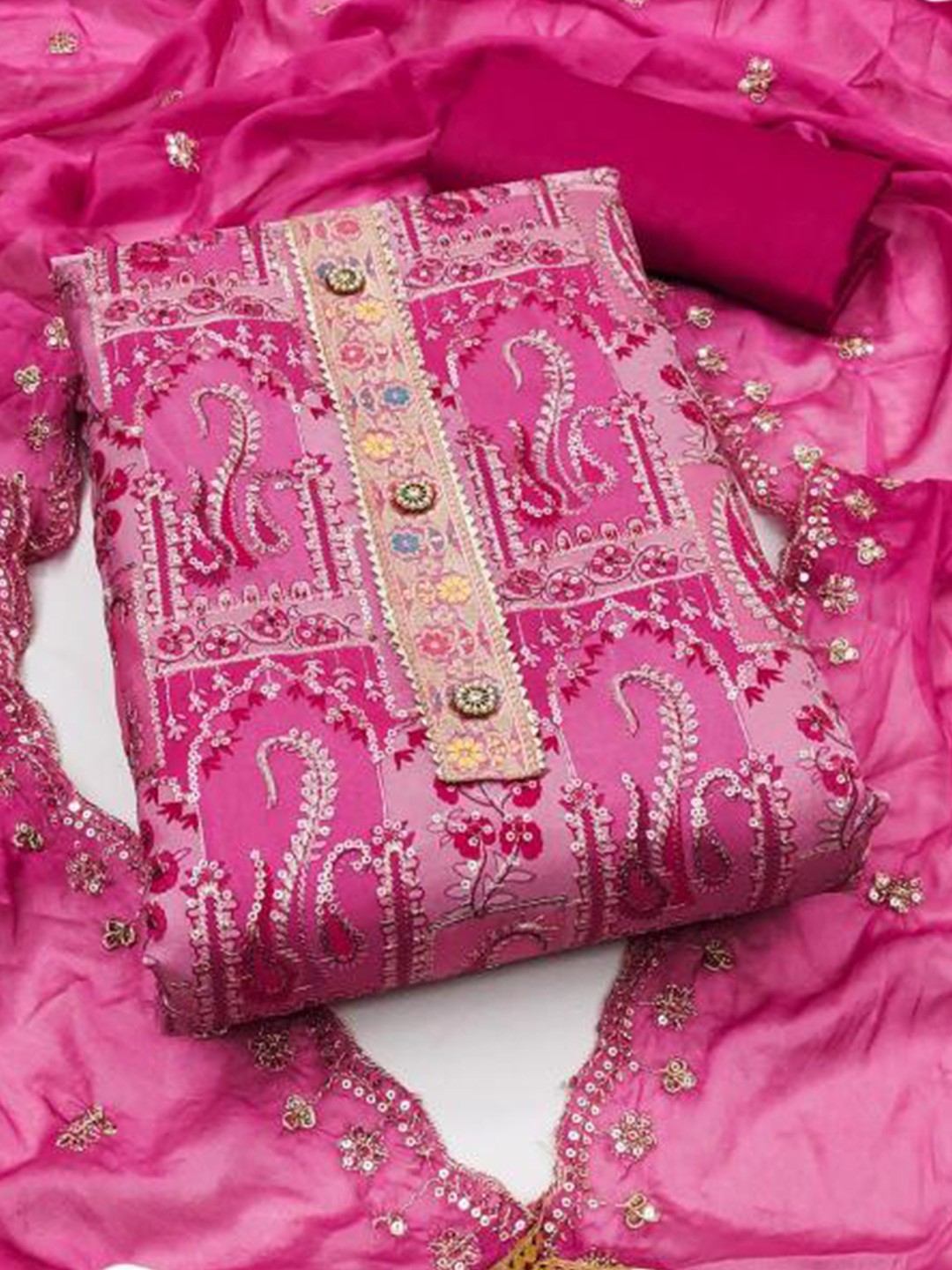 

Dori Embroidered Organza Unstitched Dress Material, Pink