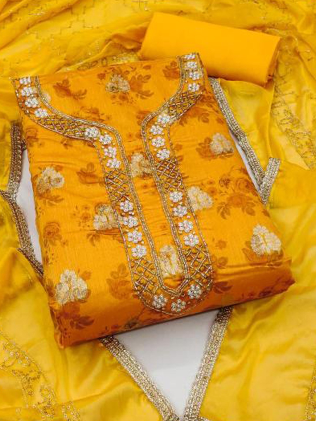 

Dori Embroidered Organza Unstitched Dress Material, Yellow
