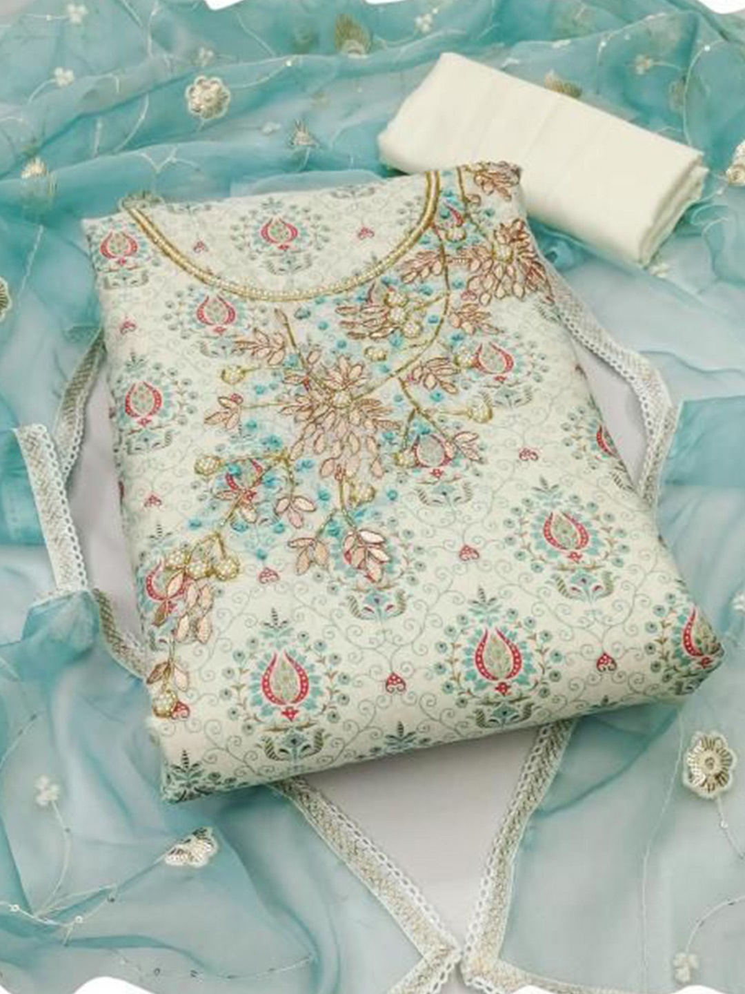 

Dori Embroidered Organza Unstitched Dress Material, Blue