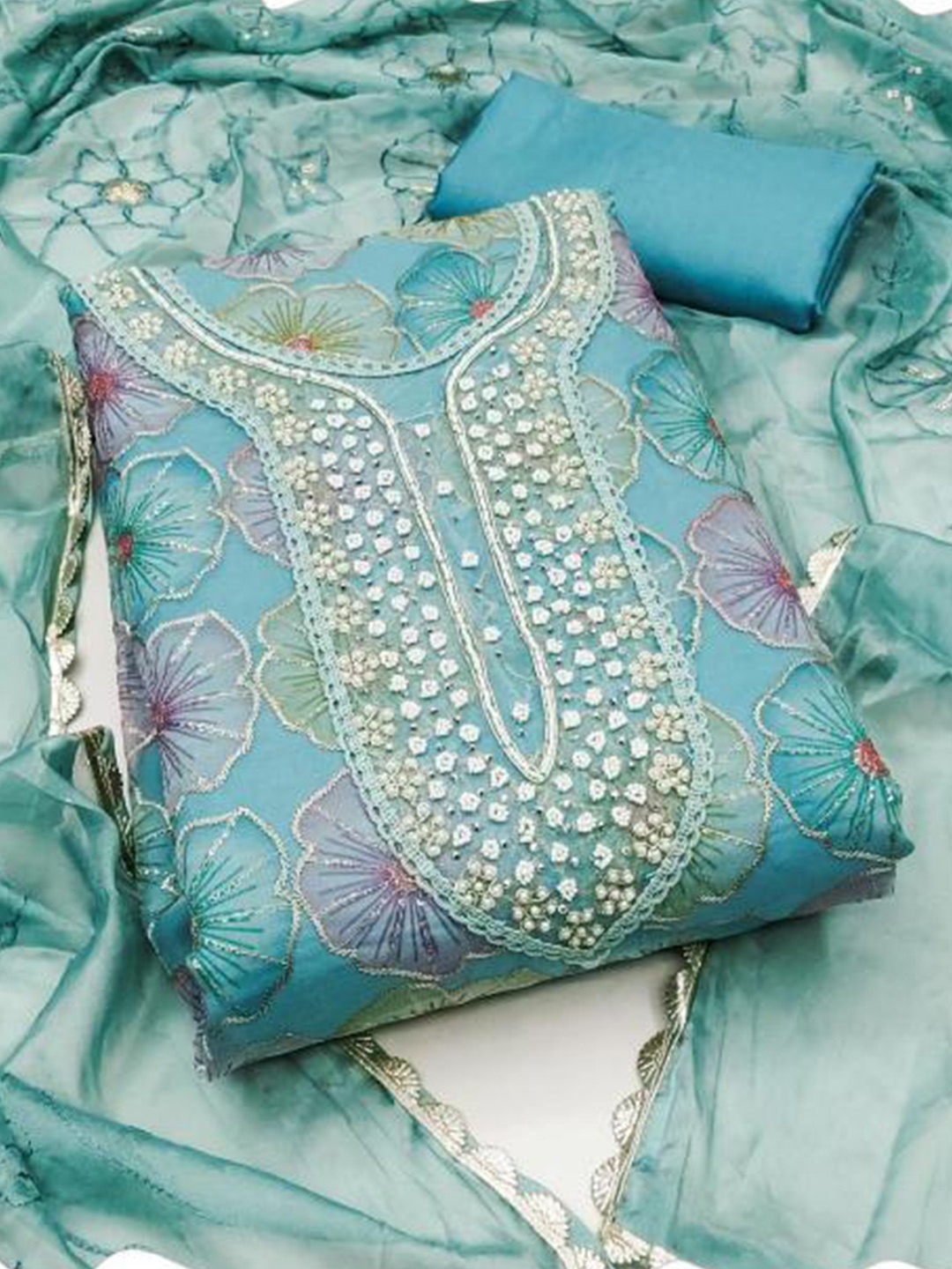 

Dori Embroidered Organza Unstitched Dress Material, Blue