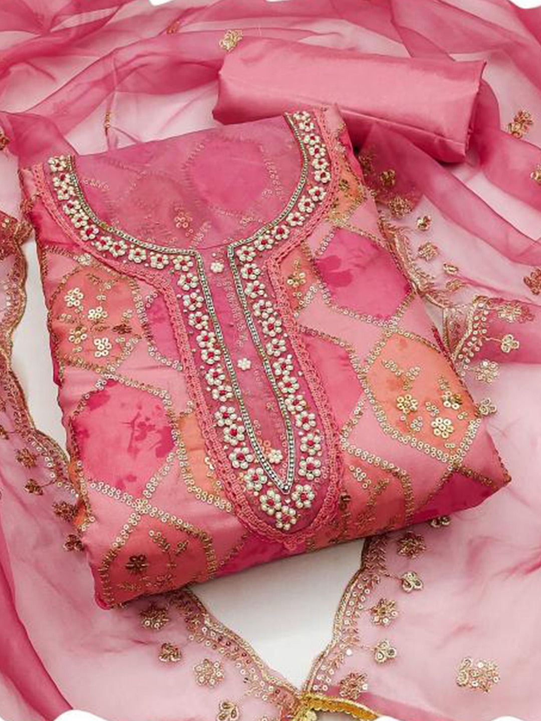 

Dori Embroidered Organza Unstitched Dress Material, Pink