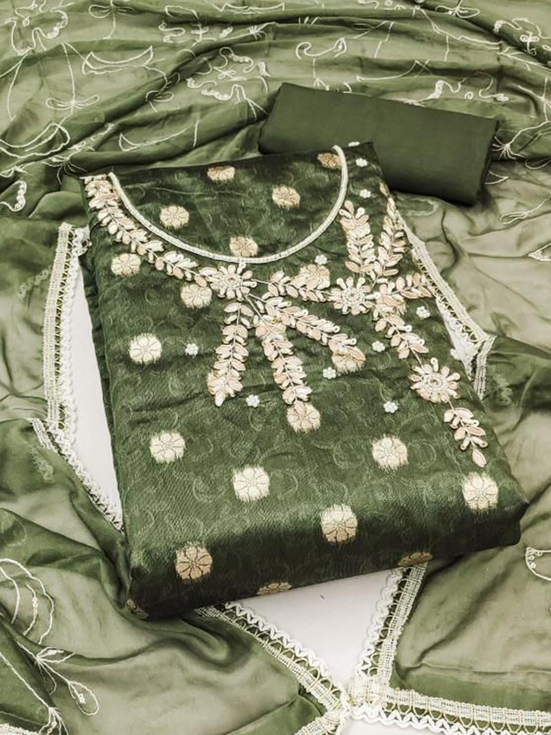 

Dori Embroidered Pure Cotton Unstitched Dress Material, Olive