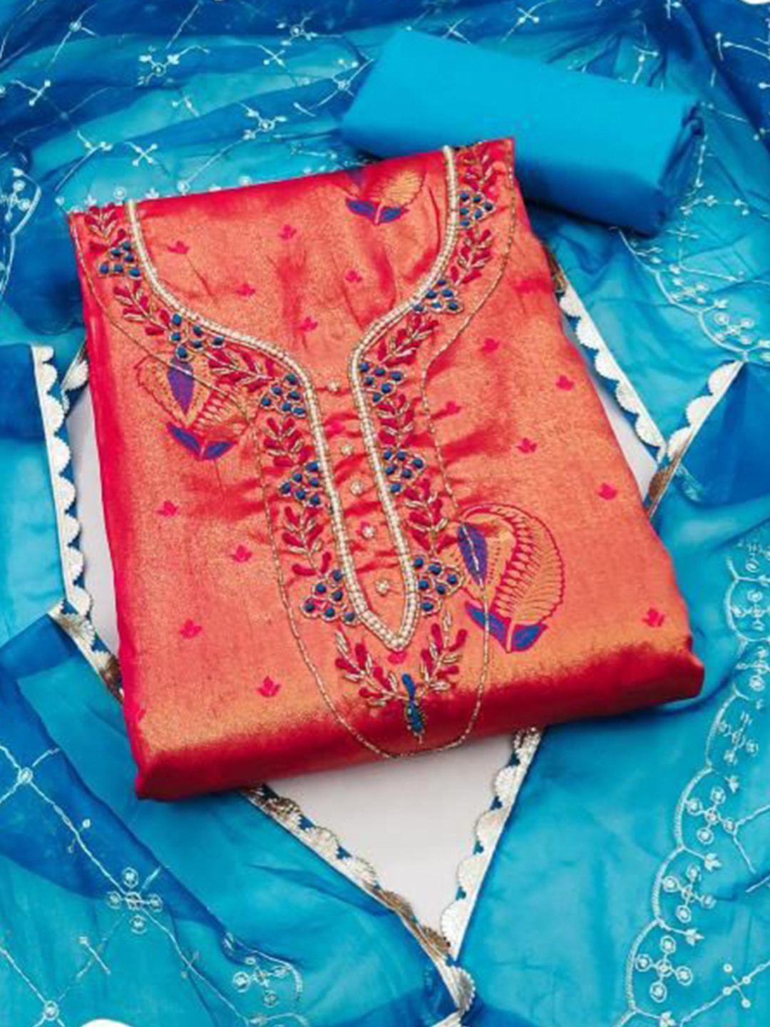 

Dori Embroidered Pure Cotton Unstitched Dress Material, Red