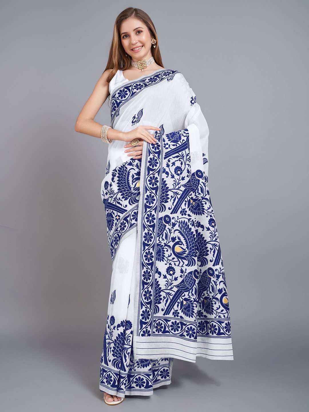 

KALINI Ethnic Motifs Pure Cotton Jamdani Saree, Blue