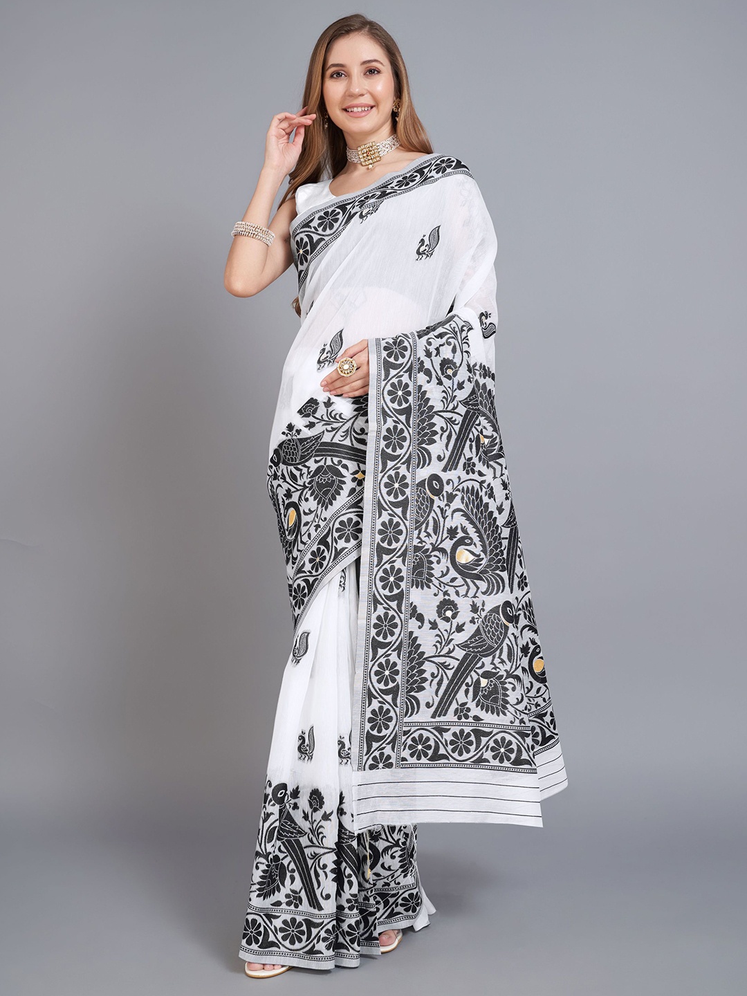 

KALINI Ethnic Motifs Pure Cotton Jamdani Saree, Black