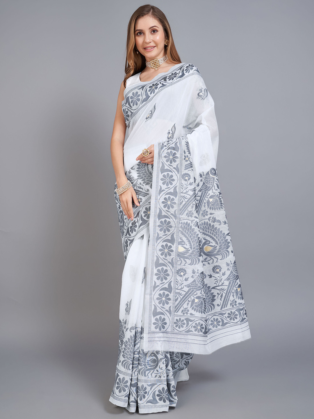 

KALINI Ethnic Motifs Pure Cotton Jamdani Saree With Blouse Piece, Grey