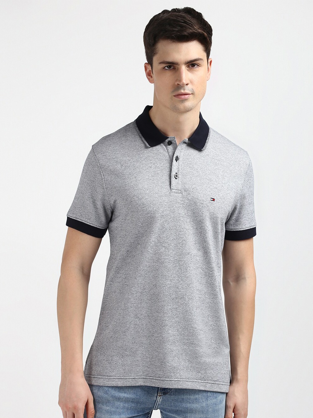 

Tommy Hilfiger Men Striped Polo Collar Pockets Slim Fit T-shirt, Grey