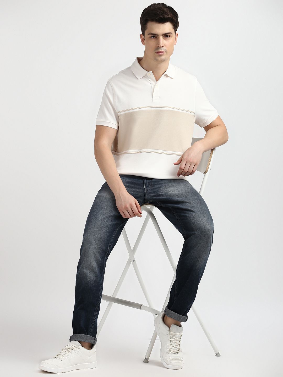 

Tommy Hilfiger Men Striped Polo Collar Cotton T-shirt, Beige